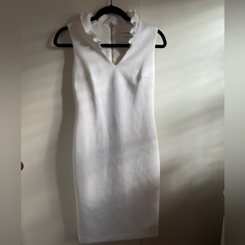Calvin Klein Scuba sheath with ruffle collar